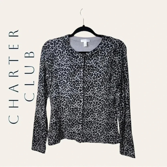 0404. CHARTER CLUB FULL BUTTON UP LONG SLEEVE CARDIGAN SIZE MEDIUM LEOPARD PRINT - Picture 2 of 12